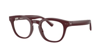 Close-up of burgundy acetate eyeglasses with thick round frames, shown from the side edge view.
