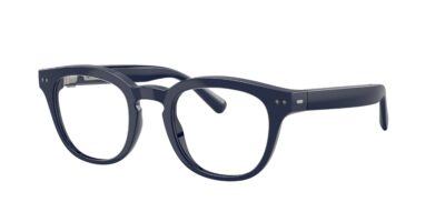 Close-up of dark blue plastic eyeglasses with thick frames, front and temple visible on white background.
