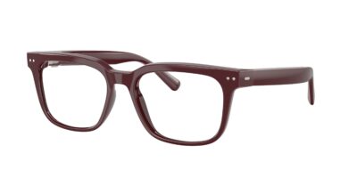 Burgundy thick-framed eyeglasses viewed from a close-up front-right angle.