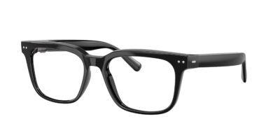 Close-up of glossy black square-frame eyeglasses with silver rivets on the temples on a white background.