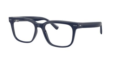 Navy blue rectangular eyeglasses shown from the side, highlighting the temple and front frame against a white background.