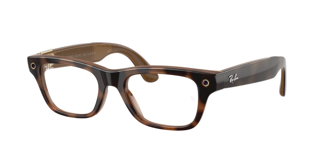 Brown tortoiseshell Ray‑Ban eyeglasses with thick square frames and logo on the temple.