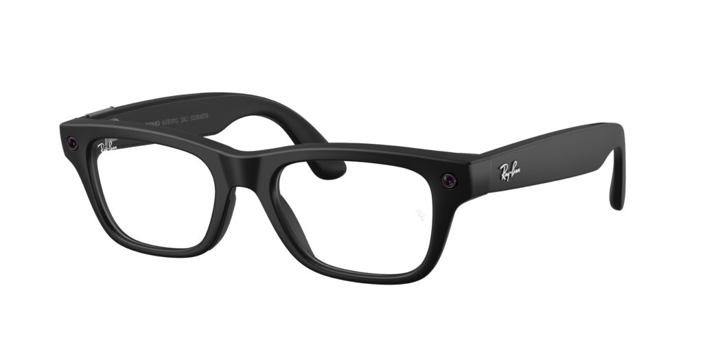 Black Wayfarer-style eyeglasses with Ray-Ban logo on the temple.