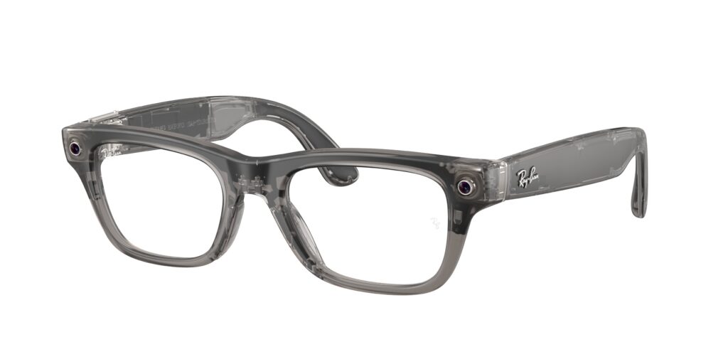 Transparent gray Ray‑Ban eyeglasses with thick square frames and clear lenses (close-up).