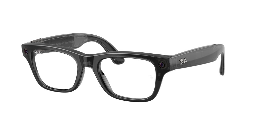 Close-up of black translucent Ray-Ban eyeglasses with square frames and logo on the temple.