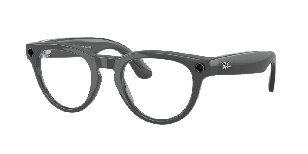 Dark gray Ray-Ban smart glasses with round lenses and a discreet forward-facing camera on the temple