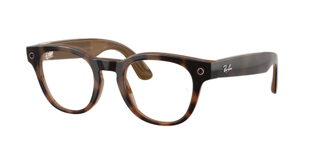 Brown tortoiseshell Ray‑Ban eyeglasses frame, close-up showing the front and temple detail.