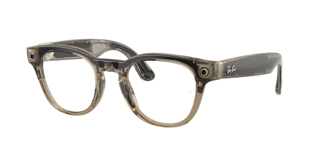 Transparent brown acetate Ray-Ban eyeglasses with clear hinges, shown from a side-front angle to display frame shape and logos on the temples