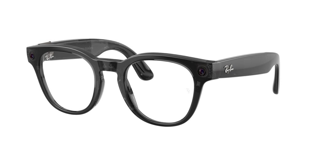 Black Wayfarer-style eyeglasses with clear lenses and Ray-Ban logo on the temple, close-up view