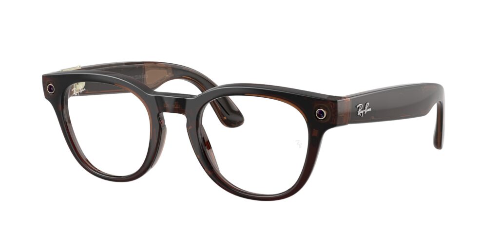 Brown translucent Ray-Ban round eyeglasses with curved temples and visible logo on the temple (close-up).