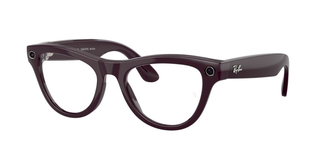 Deep plum Ray-Ban eyeglasses with two small camera lenses embedded at the hinges/temples for covert capture (built-in cameras).