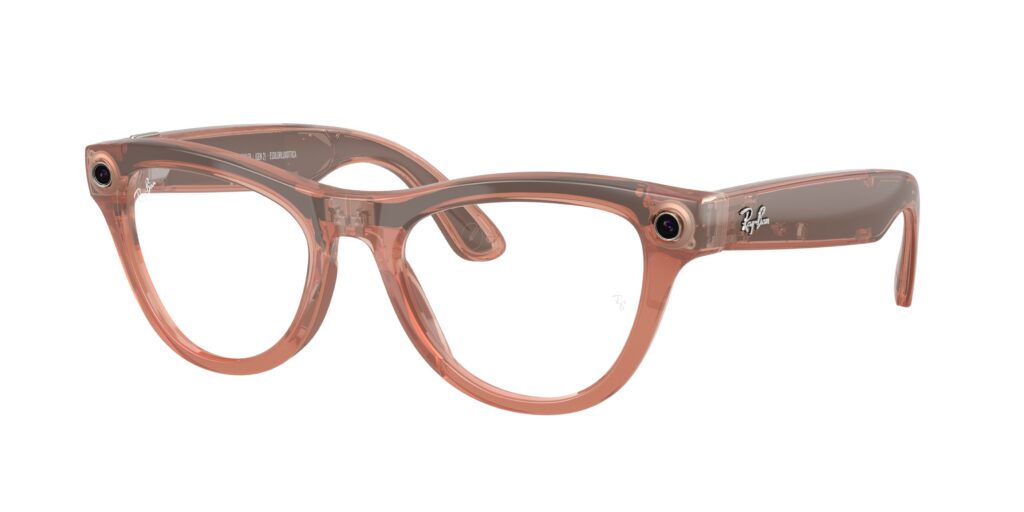 Pink transparent Ray-Ban eyeglasses with clear lenses and the Ray-Ban logo on the temple.