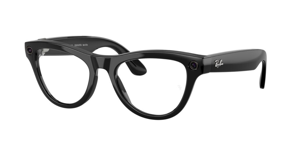 Black Ray-Ban eyeglasses with a small camera embedded at the temple, seen from the side