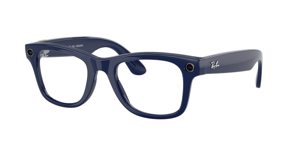 Blue Ray-Ban eyeglasses frame close-up showing temple and lens with logo on temple edge, navy plastic.
