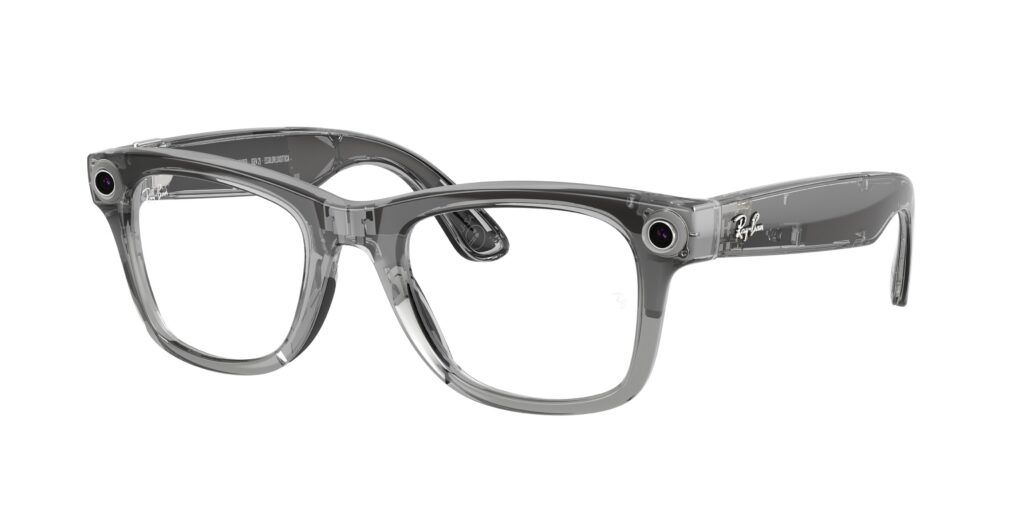 Gray transparent Ray‑Ban smart glasses with a built‑in camera on the temple arm