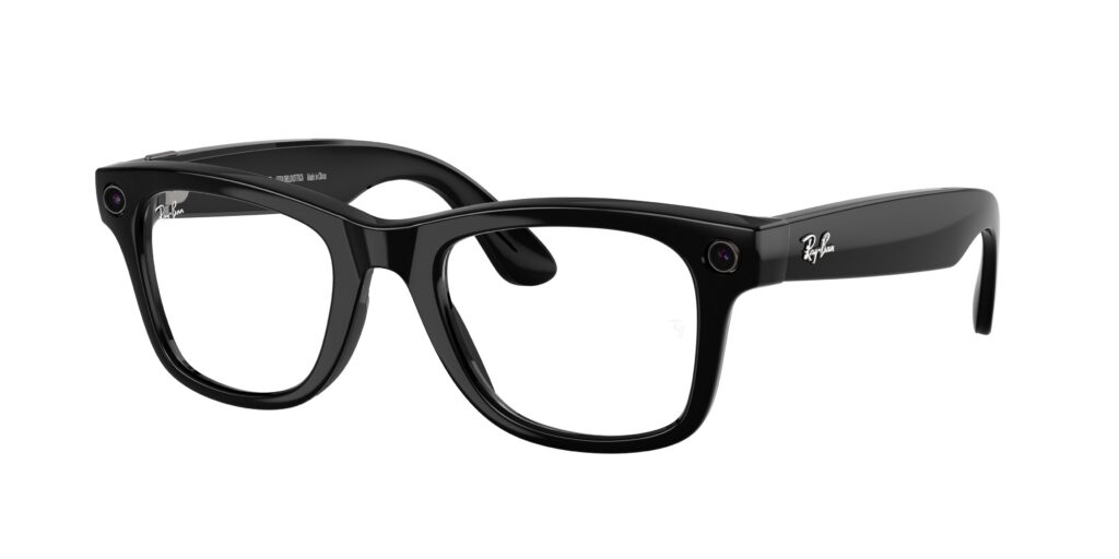 Close-up of black Ray-Ban eyeglasses with a thick acetate frame and visible logo on the temple (side view).