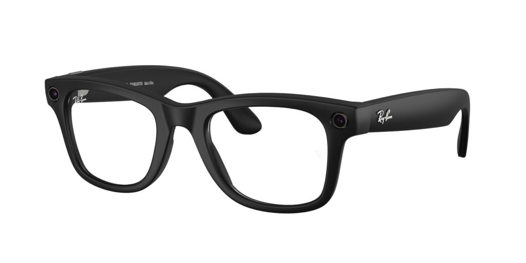Black Ray-Ban eyeglasses with small built-in cameras on the temples/arms.