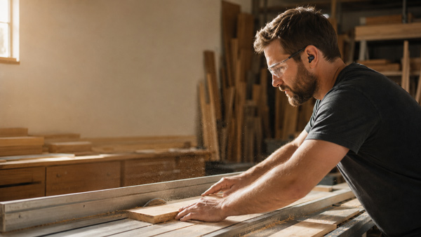 Woodworker wearing safety glasses and ear protection guiding a plank through a table saw in a bright wood shop with stacked boards nearby.